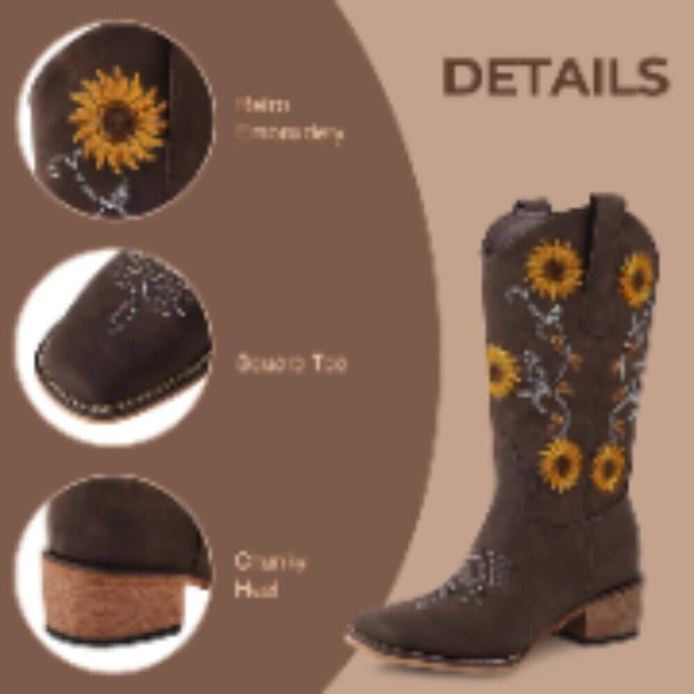 Faux Leather Cowboy Boots with Sunflower Embroidery, Square Toe, Chunky Heel - Picture 5 of 7